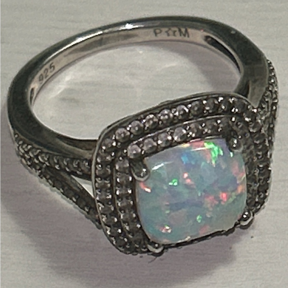 Sterling 925 ring with square opal, surrounded by pave’ crystals, size 5